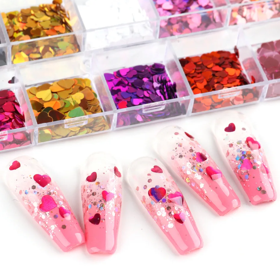 

12 Grid Laser Love Heart Butterfly Nail Sequins Mixed Color Sparkle Nail Glitter Flakes 3D Decorations Accessories LYRX01-04