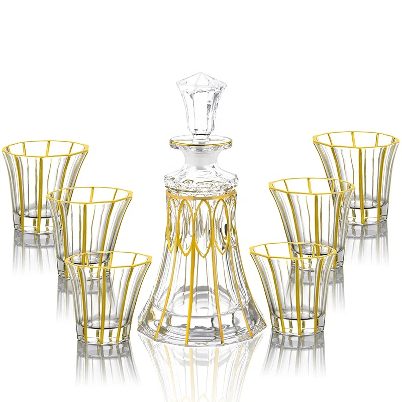 

N45 luxury golden line painted crystal glass whiskey decanter bottle tumbler gift sets, Clear transparent