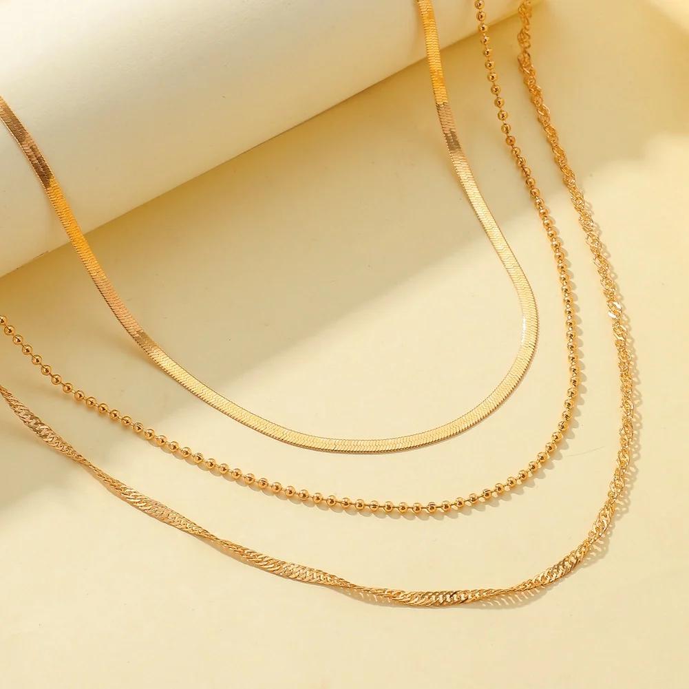 

High Quality Gold Plated Multi Layers water wave chain snake chain bead chain three layers necklace