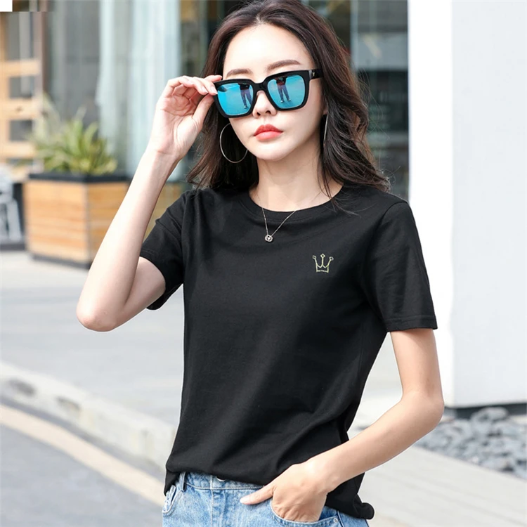 

top sale solid color crown pattern girls causal short sleeve custom designer graphic women t shirt