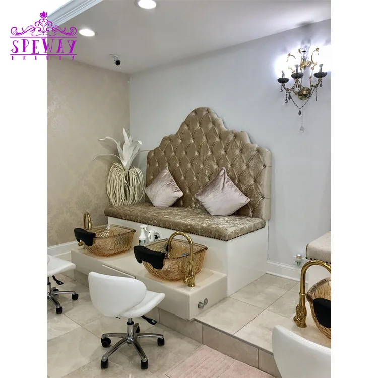 

double seaters yellow velvet salon pedicure station spa pedicure equipment elegant pedciure chairs with crystal sink, Optional