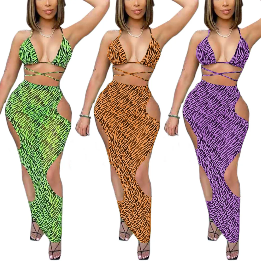 

FS3399D Women Sexy Drawstring Bra Hollow Out Skirt 3 Pieces Set Fashion Printed Bikini wear beach vacation dress