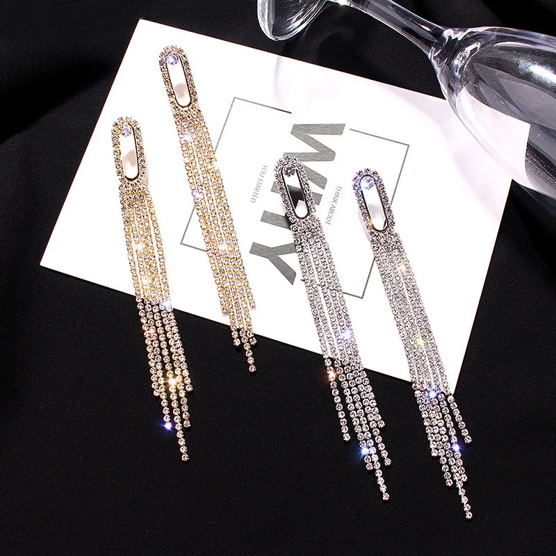 

Full Diamond Tassel Rhinestone Tassel Alloy Plated Aretes Brincos Channel Stud Earring Square Earrings For Women 2021, Gold and silver