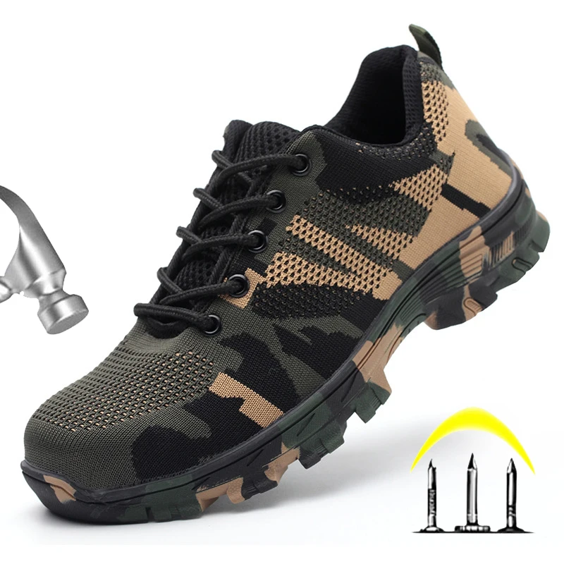 

Army Camouflage Breathable Fly knit Cloth Industrial Steel toe Carbon Fiber Insole Men Work Safety Shoes