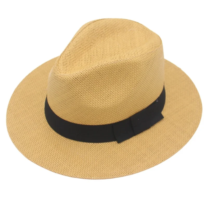 Summer Black Bow Ribbon Cheap Fedora Sun Hat Paper Straw Panama Hat for Men Gentleman Spring Summer Outdoor Travel Fishing