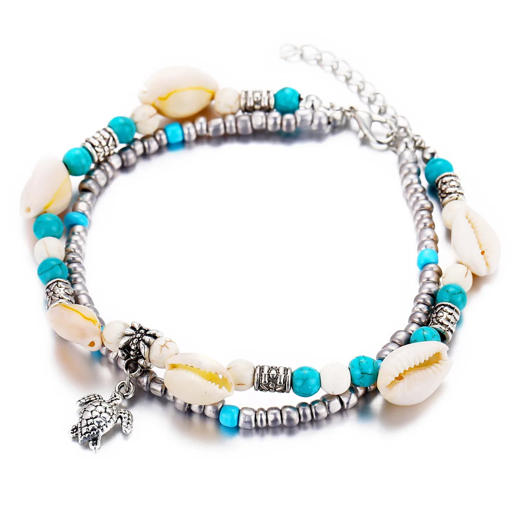 

Bohemian new foot resin beads bracelet accessories shell turtle pendant anklet for men and women, Silver