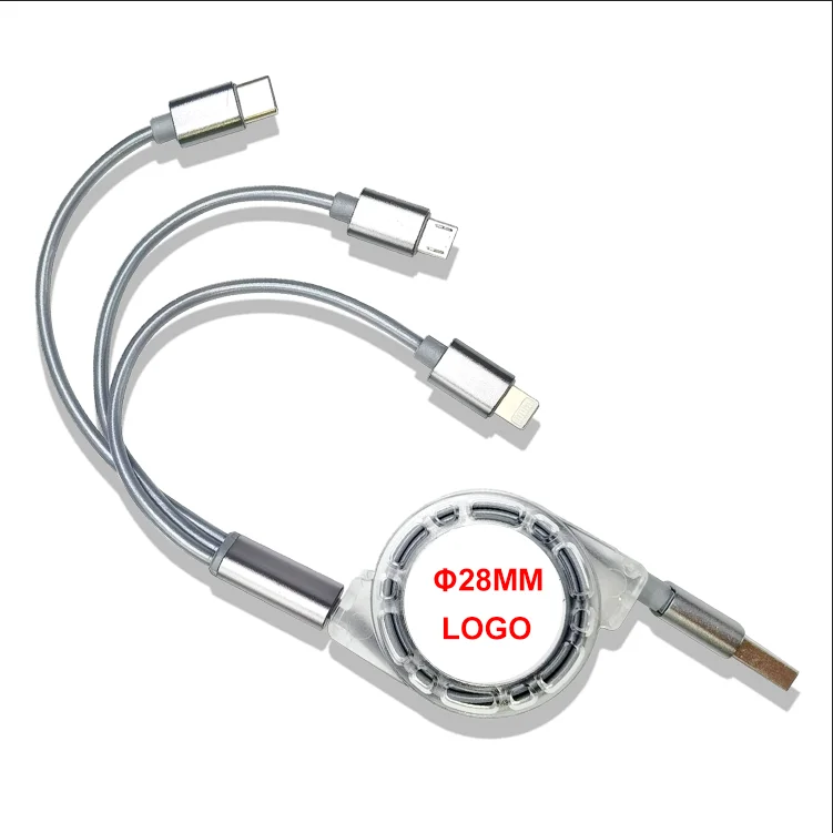 

Custom Logo Universal retractable multi fast charger USB cable for mobile phone android type-c Micro 3 in 1 cable Line, White black blue red gold silver