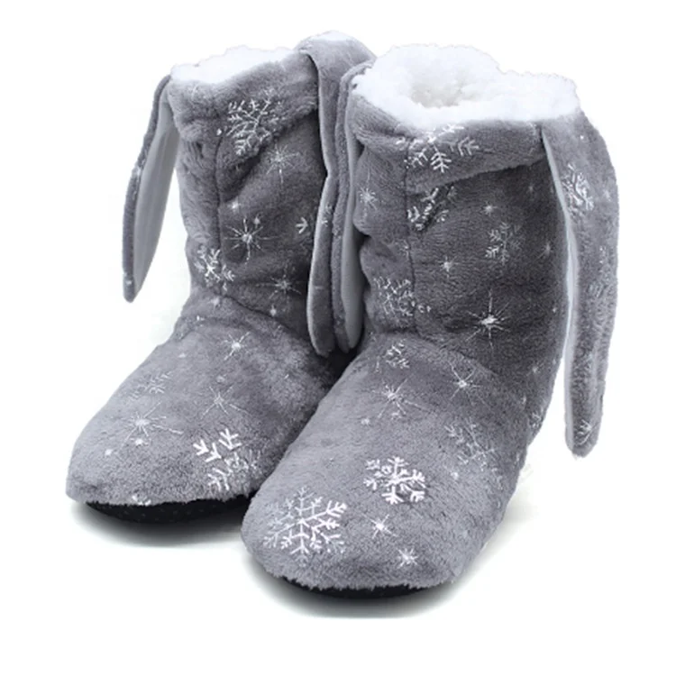 

winter woman snowflake cute fur furry indoor slipper boots with rabbit ear