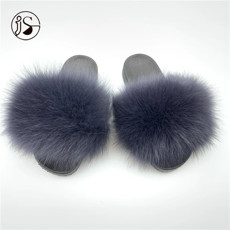 

2021 Fashion fur slippers plush Exquisite outdoor slides for women 100% Real Fox Colorful furry slides, Picture