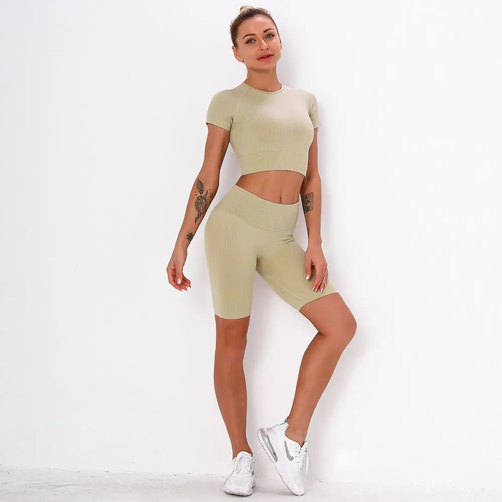

Seamless Yoga Set Workout Clothes For Women Ribbed Gym Set 2 Piece Sport Set Women Sports Bra Yoga Shorts Women Gym Clothing, Picture color