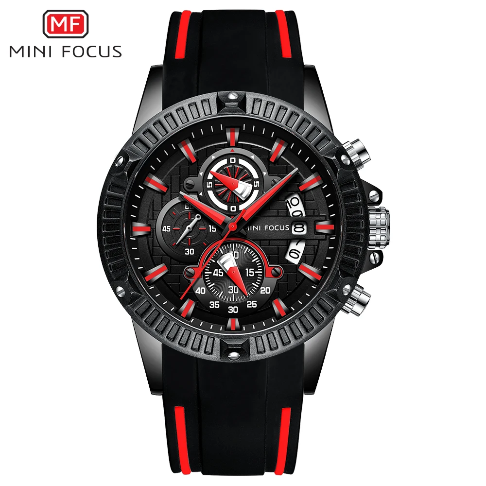 
Mini Focus 0244 Man Fashion Watch Blue Rose Gold Rubber Strap 3D Bolt 3 Dials Waterproof Top Brand Luxury Sports Mens Watches 