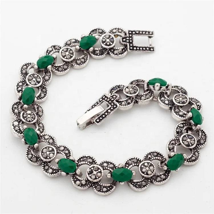 

Women Bohemian Ethnic Jewelry Silver Color Bracelets Bangles Green Stones wholesale, Picture