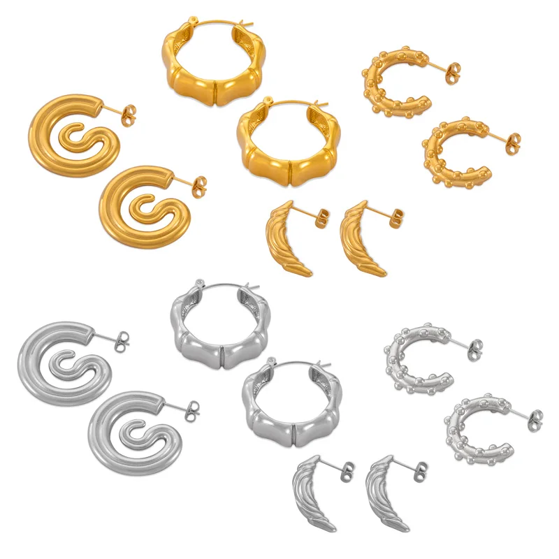 INS Style Personality Temperament Jewelry Geometric Carved Texture Design Sense Stainless Steel Gold Plated C-type Earrings
