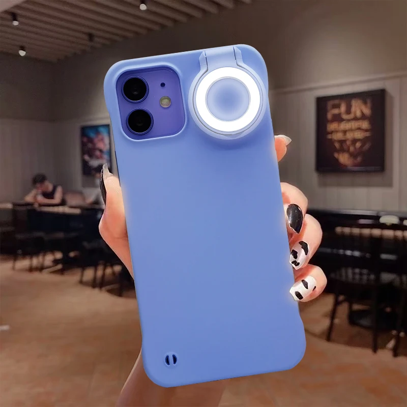 

for iphone 12 pro max hard pc circle light up mobile phone cover led fill selfie light phone case with ring flash light, 3 colors