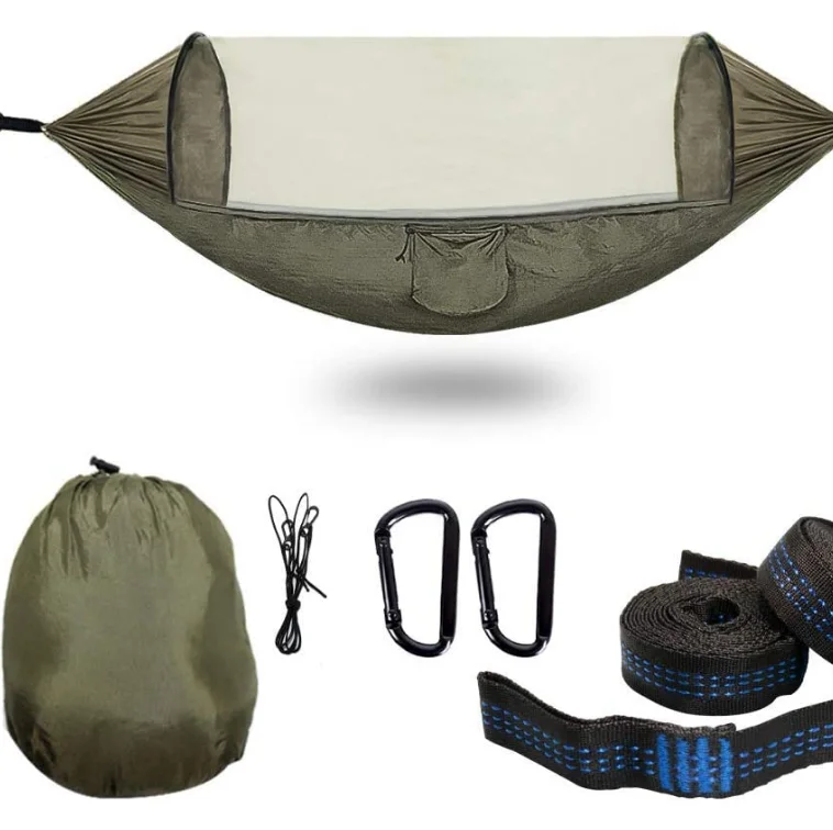 WOQI  Outdoor Nylon Camping Pop up Auto Hammock with Mosquito Bug Net Garden Hammock Swing