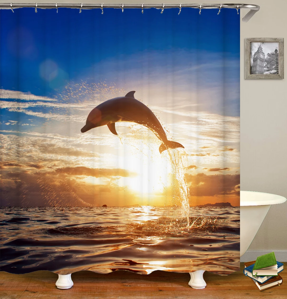 2020 New Style Polyester Tropical Blue Bathroom Shower Curtain