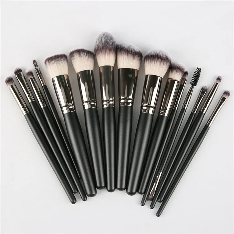 

2020 Professional High End No Label Vegan Makeup Brushes Black 15 Piece Wooden Brush Set Custom Logo