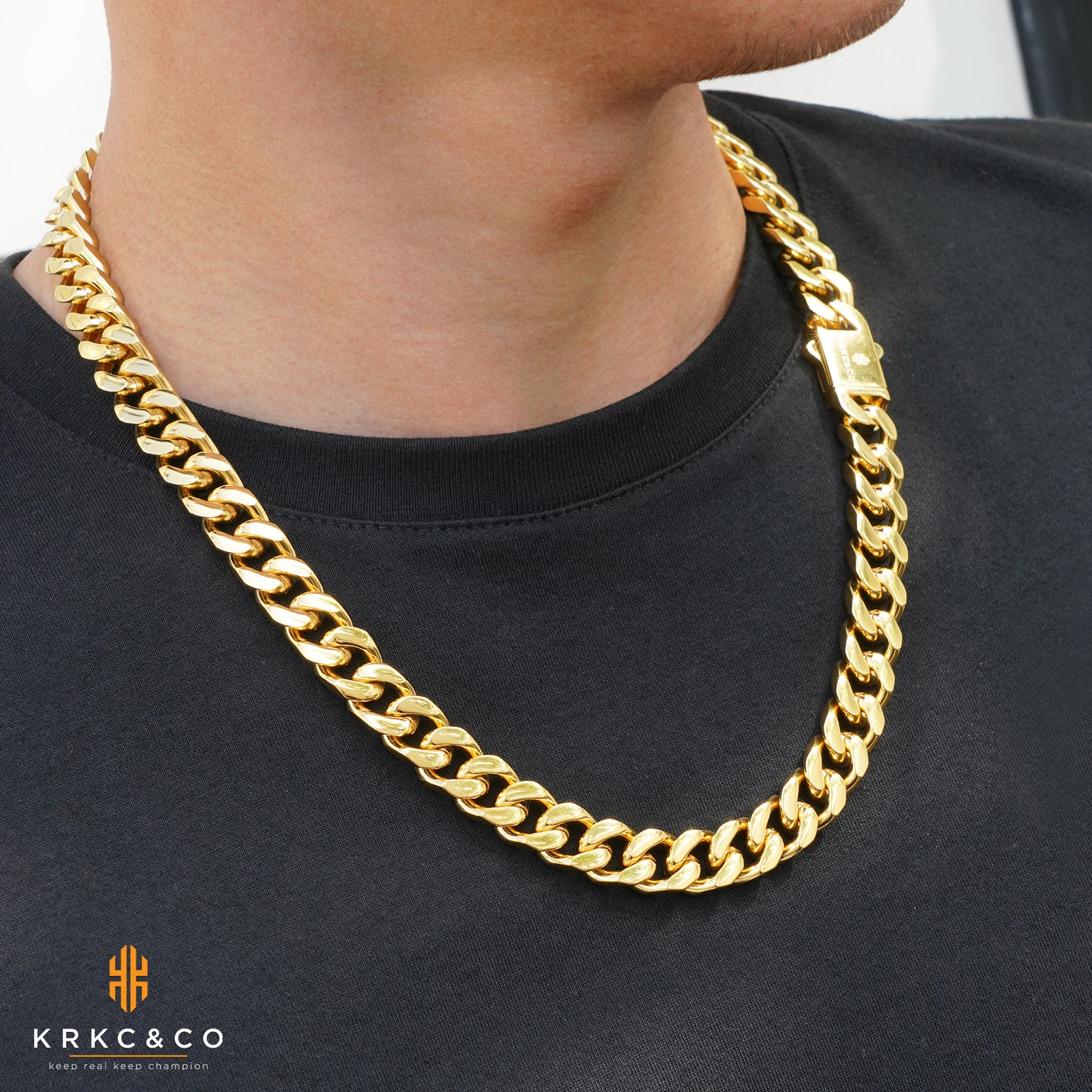 

KRKC Drop Shipping New Design Brand Quality Thick Interlocking Chain Link Pusher Clasp Cuban Link Choker Polished Cuban Necklace