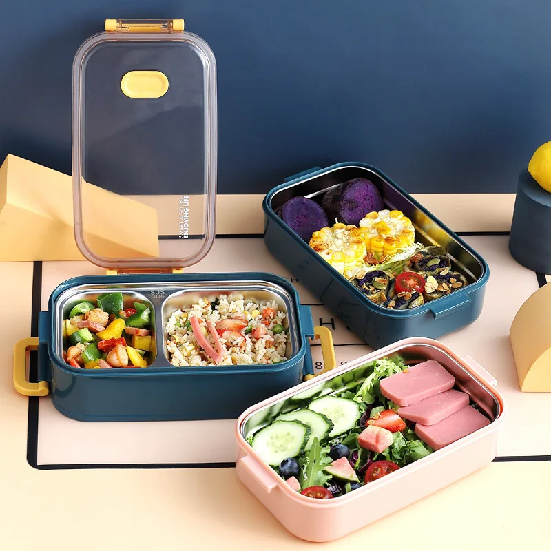 

High quality thermal single and double 304 stainless lunch box with cutlery steel for students and office workers, Green pink blue