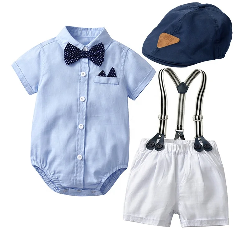 

Mosengkw Summer Gentleman Boy Short Sleeve Romper Set With Hat Wholsale Casual 3pieces Clothes Romper Set