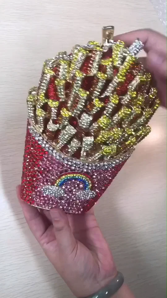 Wholesale Custom luxury glitter rainbow diamond french fry clutch bag  french fries evening bag french fries bag From m.