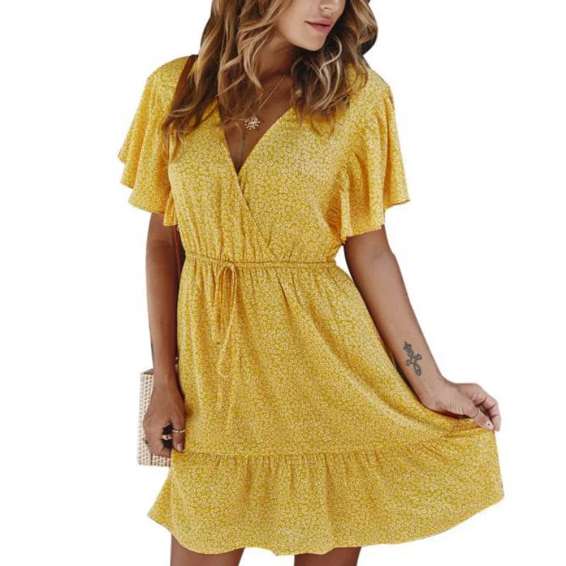 

2021 New Arrival summer Women Floral Print v-neck casual Ruffles dresses women ladies dresses