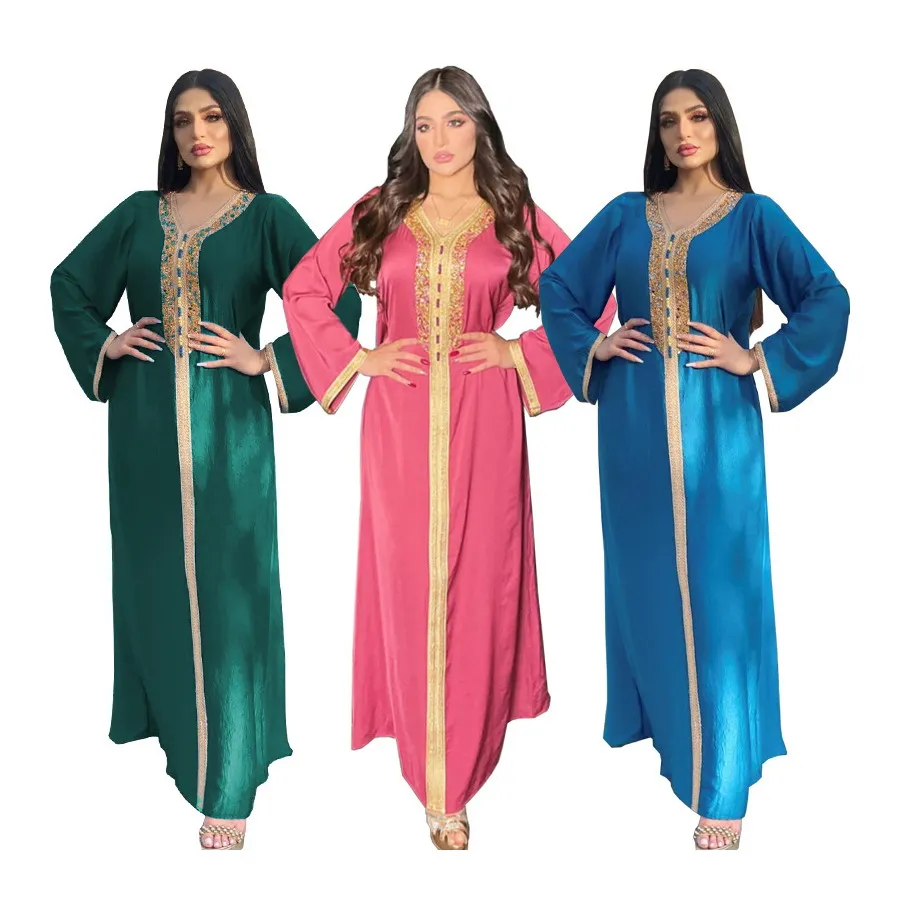 

Foma AB073 dubai islamic clothes women ramadan muslim ladies retro noble velvet v neck maxi long dress, 3 colors