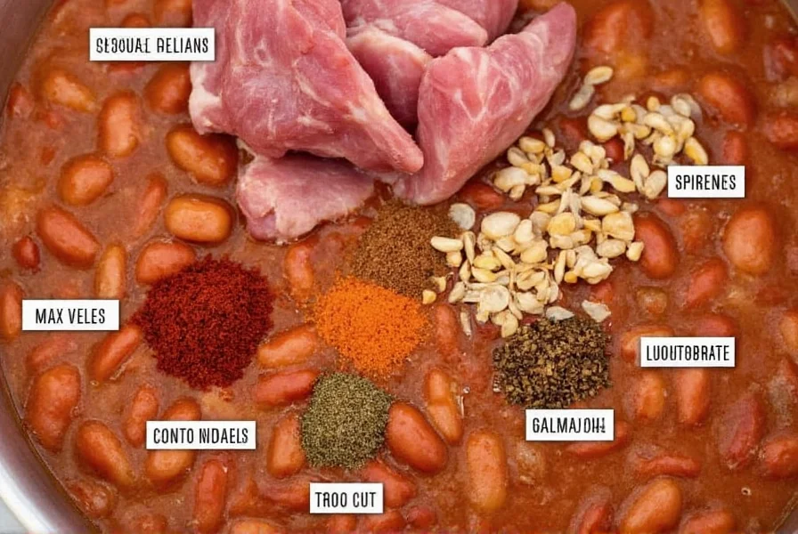 Close-up of Mac's signature chili ingredients with labeled spices and meat cuts