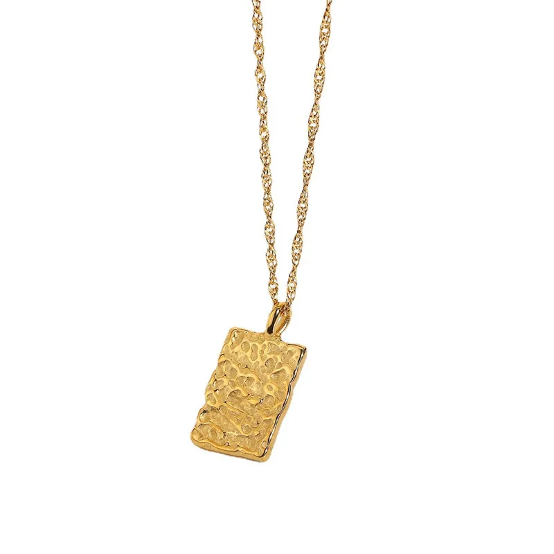 

Gattara Vintage 316 Stainless Steel Gold Plated Texture Pendant Necklace Concave Square Necklace for Women