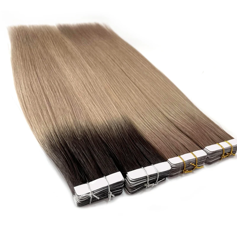 

Wholesale Blonde Russian Double Drawn Sides Tape Human Hair Extension 100 Natural Virgin Remy Double Drawn Ombre Tape In