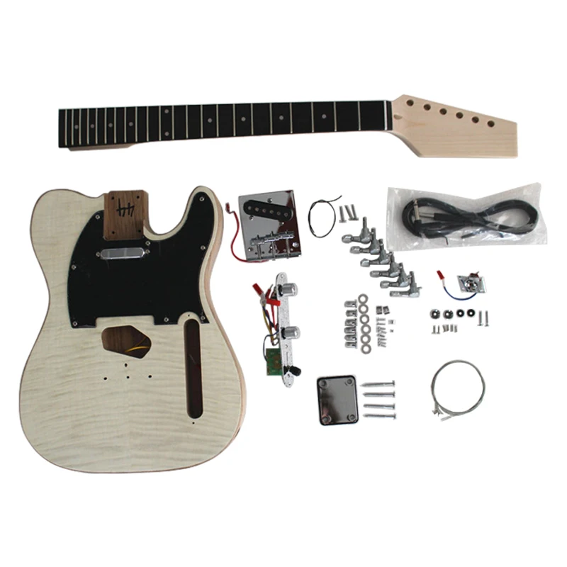 China musical instrument unfinished flame maple top diy lp headless electric guitar kits for sale
