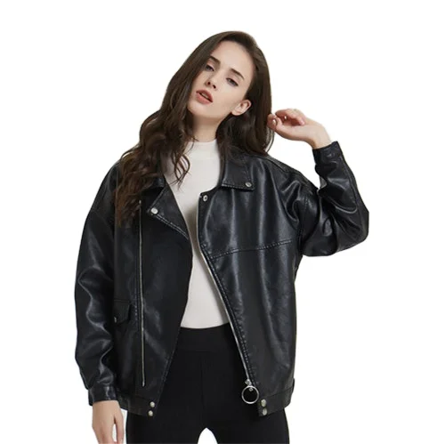 

High Quality Handsome Turn-down Collar Girls Pu Leather Jackets Women Jackets