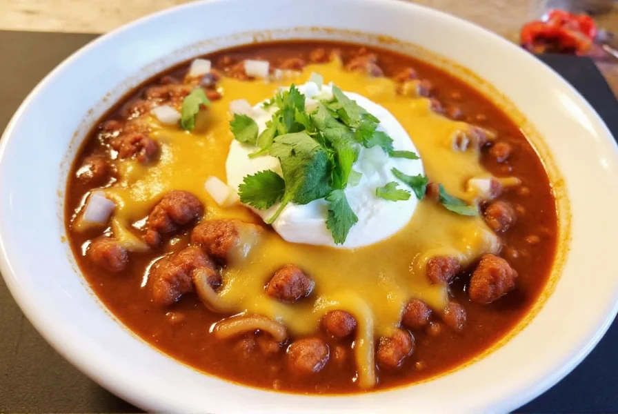 Finished chili bowl presentation with melted cheese, sour cream swirl, fresh cilantro, and diced onions in white ceramic bowl