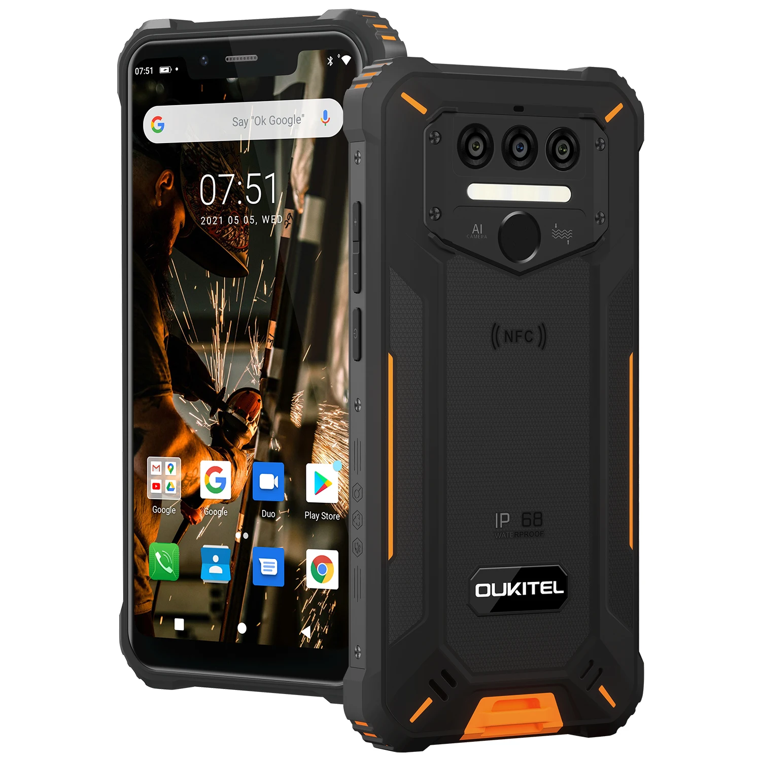 

6GB+128GB large memory waterproof smartphone Oukitel WP9 5.86" 8000mAh HD+ Android 10 16MP Camera 4G NFC smart mobile, Black,orange