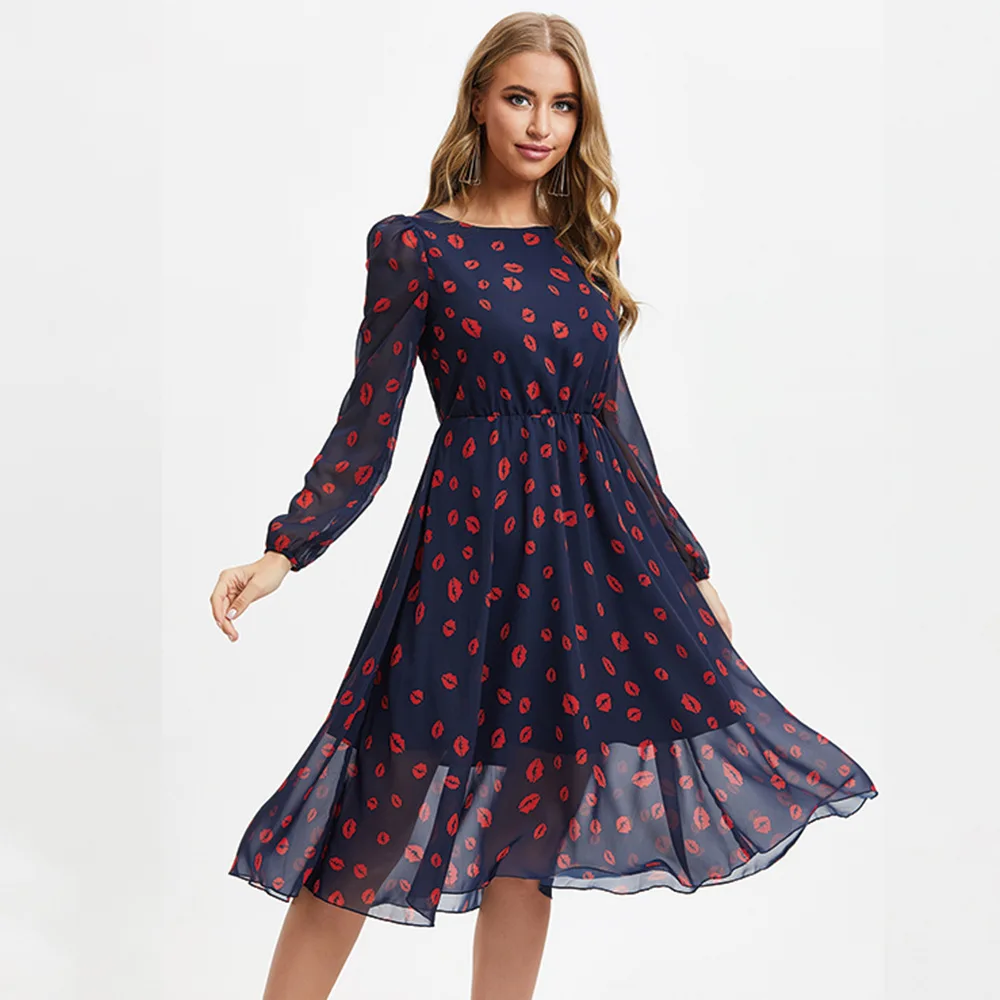 Women Boutique Style Clothing Long Sleeve Printed Midi Casual Dresses ...