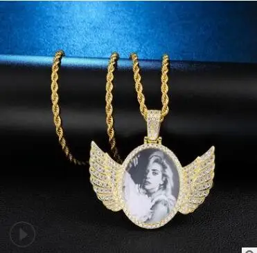 

Custom Photo Medallions Copper Angel Wings Pendant/Necklace Men Iced Out Shiny Crystal Cubic Zircon Tennis Chain Hip Hop Jewelry, Gold,silver,black