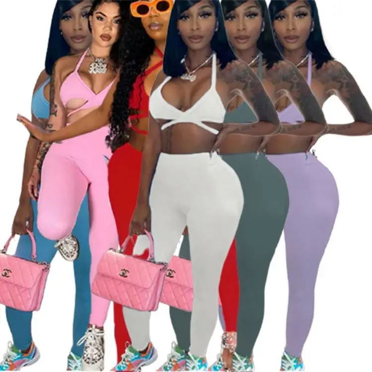 

PEARL New Arrival 2021 Sexy Wrap Top Bandage Solid Color Women Summer Shorts Pants Clothing Two Piece Sets