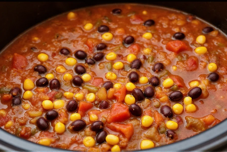 Vegetarian chili in slow cooker with black beans, corn, and diced vegetables