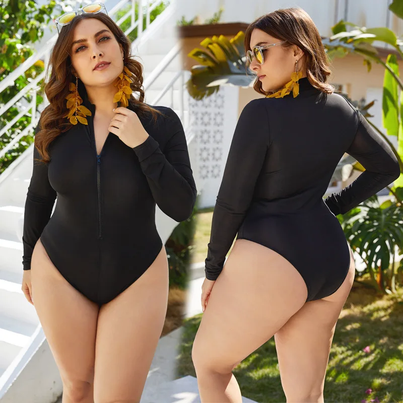 

YZ-1073 Black Sports Zipper Long Triangle One-piece Bathing Plus Size Fashion Women In Skimpy Swimsuits