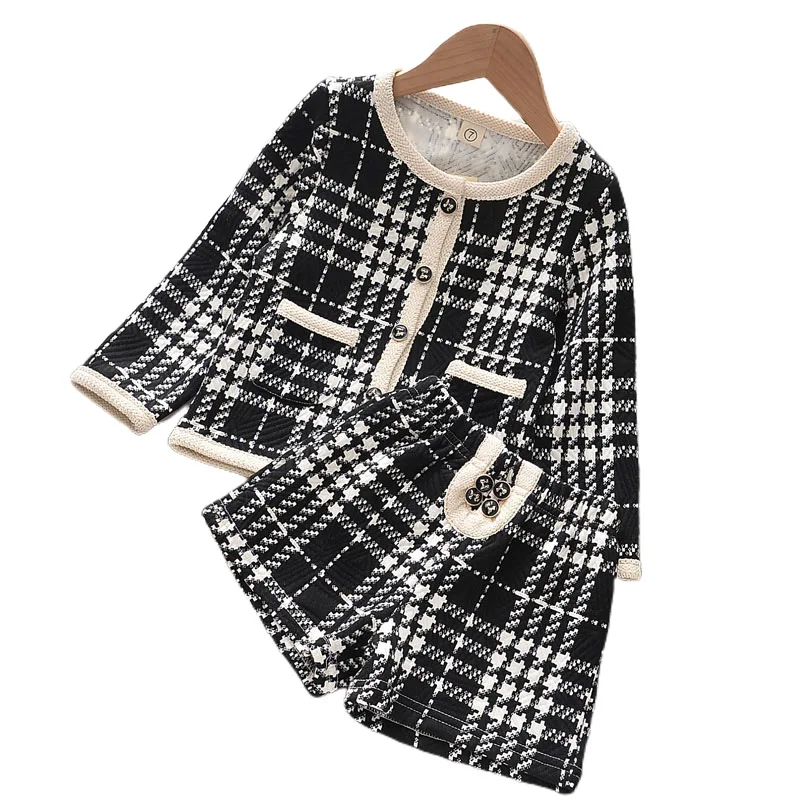 

New Fashion Girls Set Girls Coat Two-Piece Set Black Plaid Coat + Shorts Two-Piece Suit for Winter