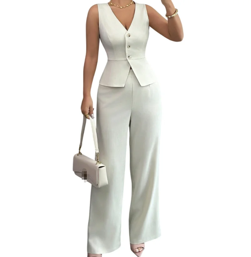 S-3xl Women's Solid Color Sleeveless Slim Fitting Vest Two Piece Set of High Waisted Wide Leg Pants