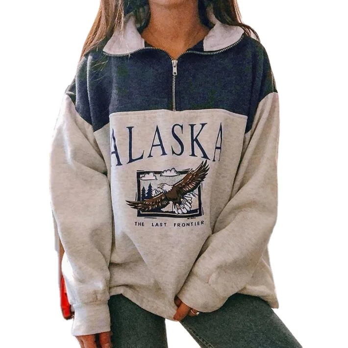 

2020 Fashion New Women's Pure Cotton Stand Collar Half Zipper Letter Printing Long Sleeve Hoodie