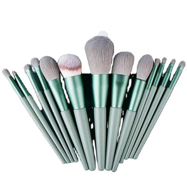 

HZM 13 Pcs Hot Selling Matcha Color Professional fluffy vegan Makeup Eye brushes Set Bag custom logo private label Free Sample