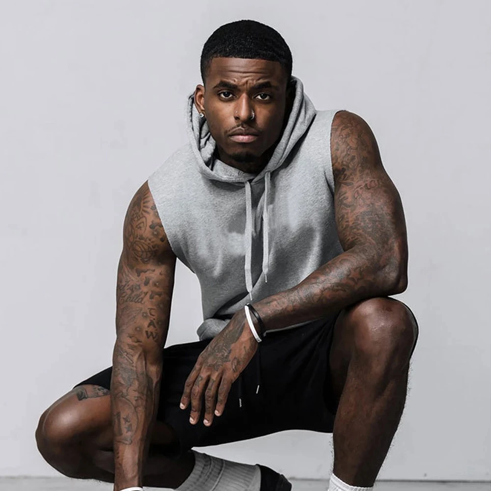 

Autumn And Winter Men's Sleeveless Sports Hoodie Gym Slim Vest Gilet Fitness Hooded Sweatshirts Sports hooded, Black/gray/white/blue/red/