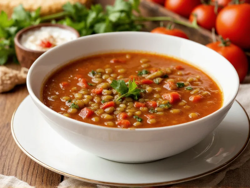 Traditionelle Zubereitung von Mercimek Çorbası mit Holzlöffel in Kupfertopf