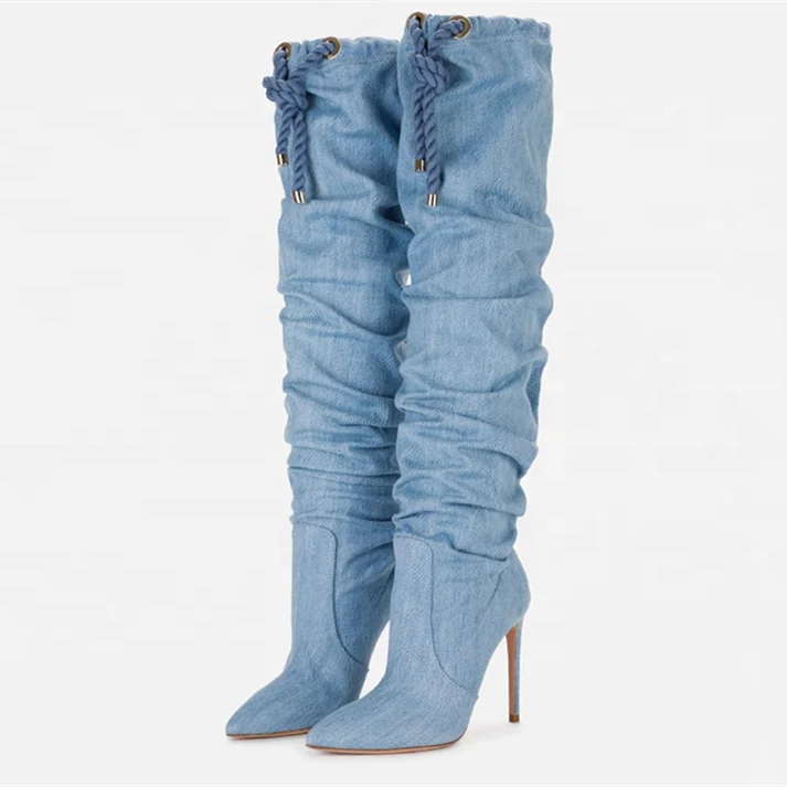 

Casual Solid Blue Denim Boots Women Pointed Toe Pleated Thin High Heel Knee High Boots Lace Up Winter Fashion Shoes Plus Size 43, Light blue,dark blue