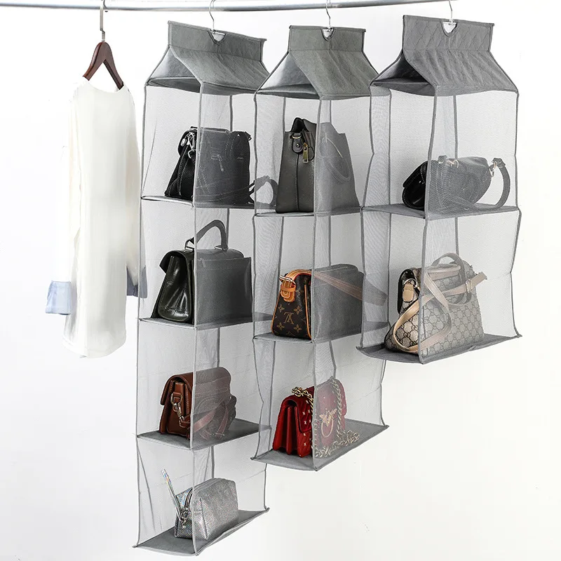 

Multi Layers Wardrobe Hanging Pockets Dust Proof Tote Bag for Purse Handbag Clothes Storage Closet Organizer, Beige grey