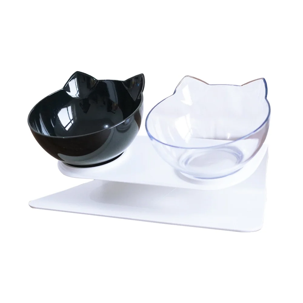 

Antiskid Tilting Style Cat Shape Pet Double Bowl Transparent Pet Cat Feeder Bowl Pet Food Dish Water Bowl, Black,white,pink