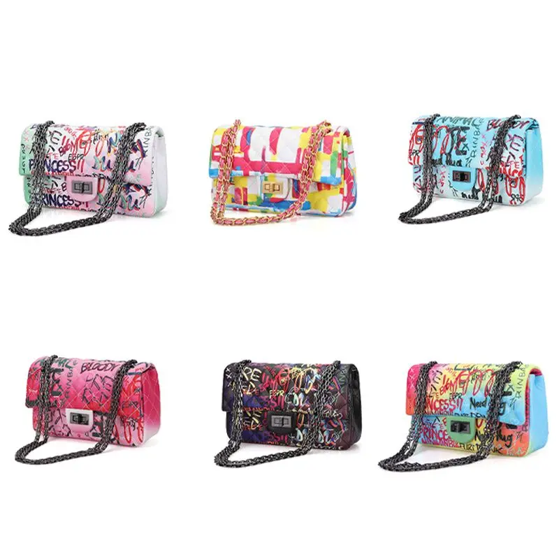 

PU leather fashion rainbow color woman ladies purses and handbags luxury designer fashion purse new arrivals women graffiti bags
