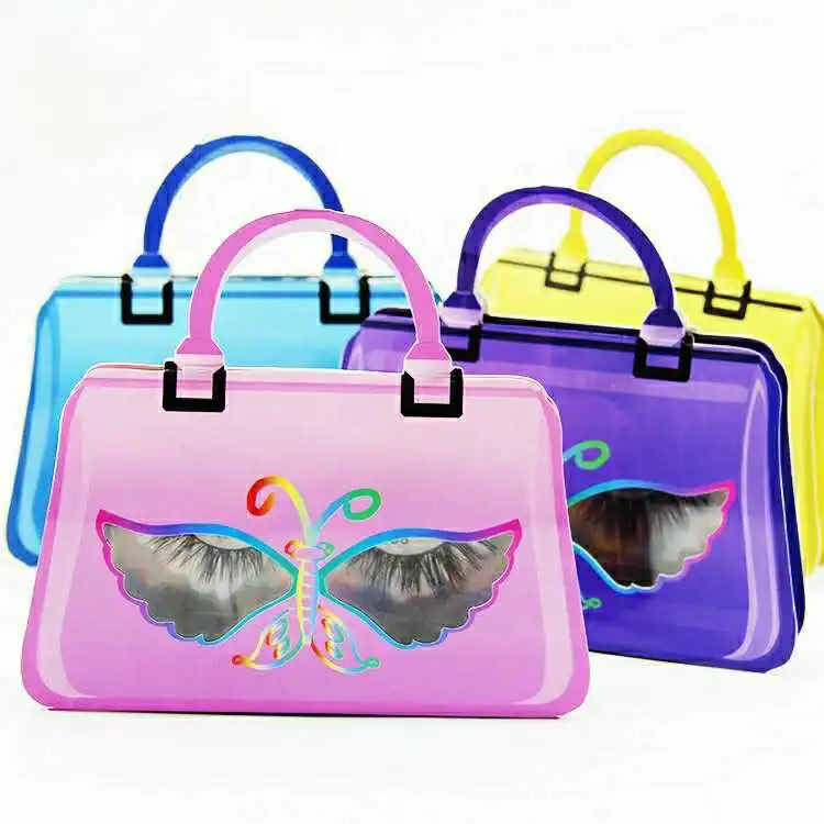 

2020 Luxury Custom lashbox with strip tray mini handbag eyelash packaging box suitcase lash box with logo, Yellow, pink, red